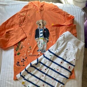 Ralph Lauren Orange Bear Hoodie and White Striped Pants